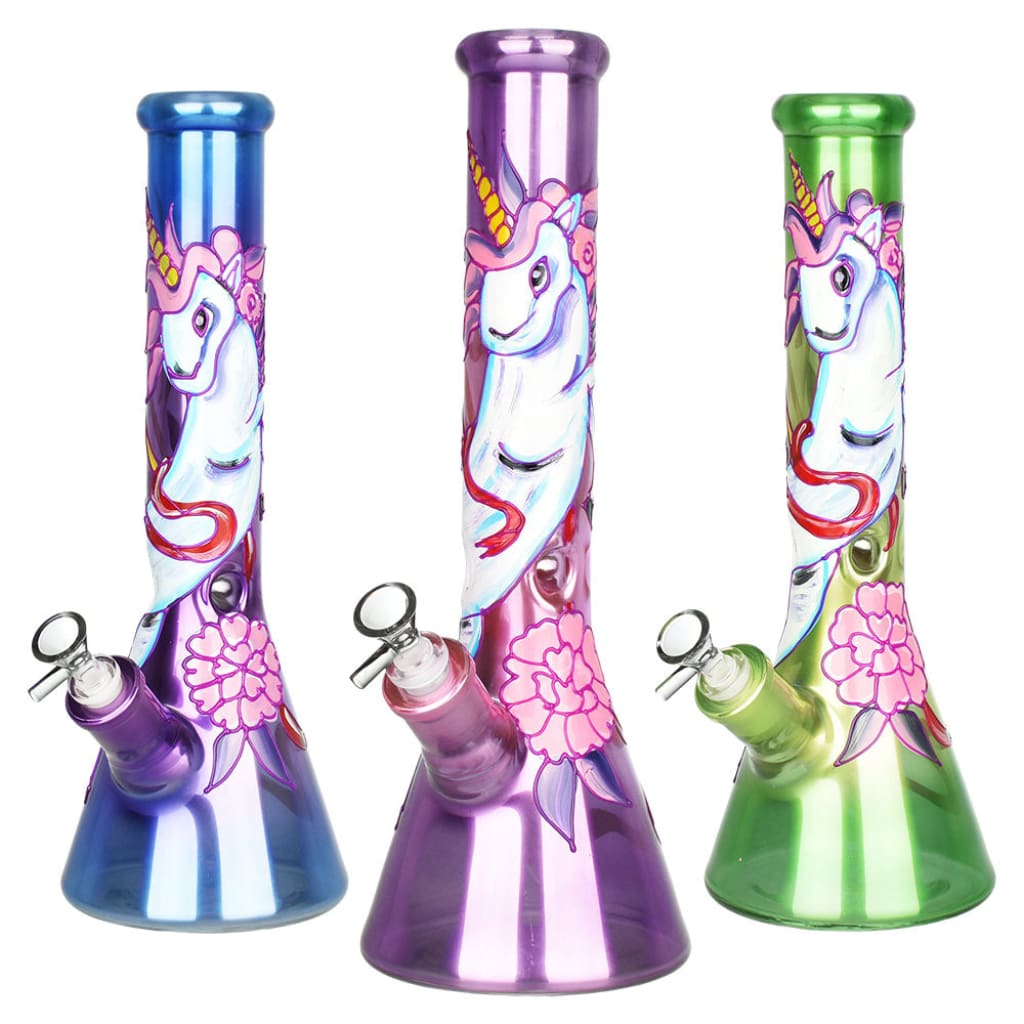 Three colorful glass bongs decorated with unicorn designs, named Unicorn Glow Beaker Water Pipe