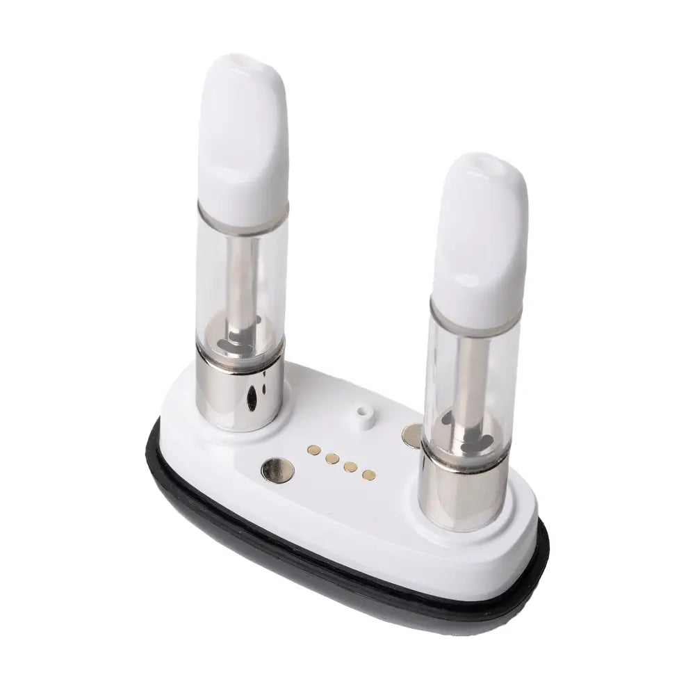 Dual vape cartridge charging dock for Veil Bar Duo with hemp wraps and water pipe attachment