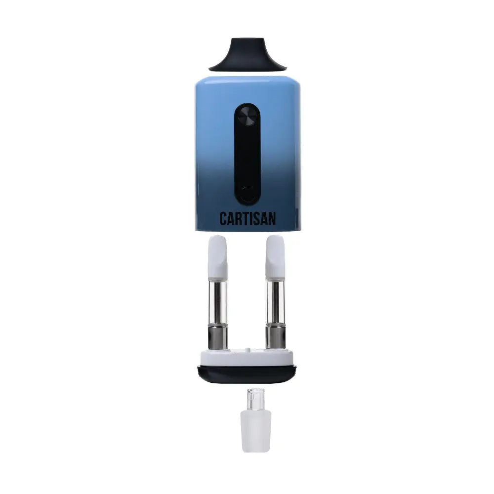 Blue and black Veil Bar Duo vaporizer with water pipe attachment and two cartridges