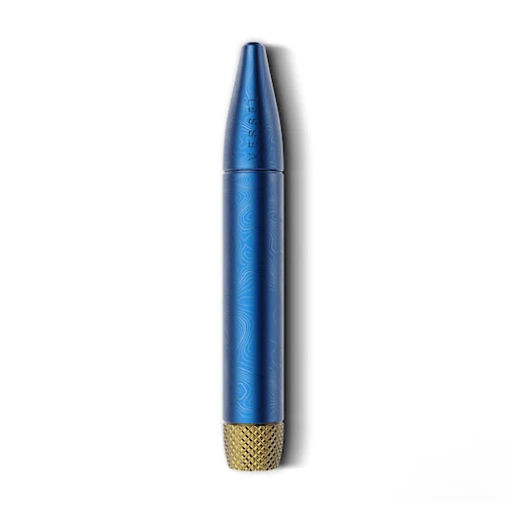 Blue Metallic Pen Or Stylus With Gold Grip By Vessel Helix Pipe, Featuring Double Helix Design