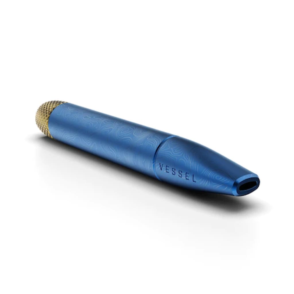Vessel Helix Pipe: Blue Metallic Pen-shaped Device With Double Helix Design