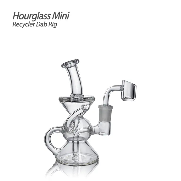 Clear glass Hourglass Mini Recycler Dab Rig with premium filtration and angled neck design