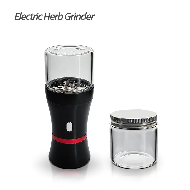 Waxmaid electric herb grinder kit with black body, clear glass top and jar