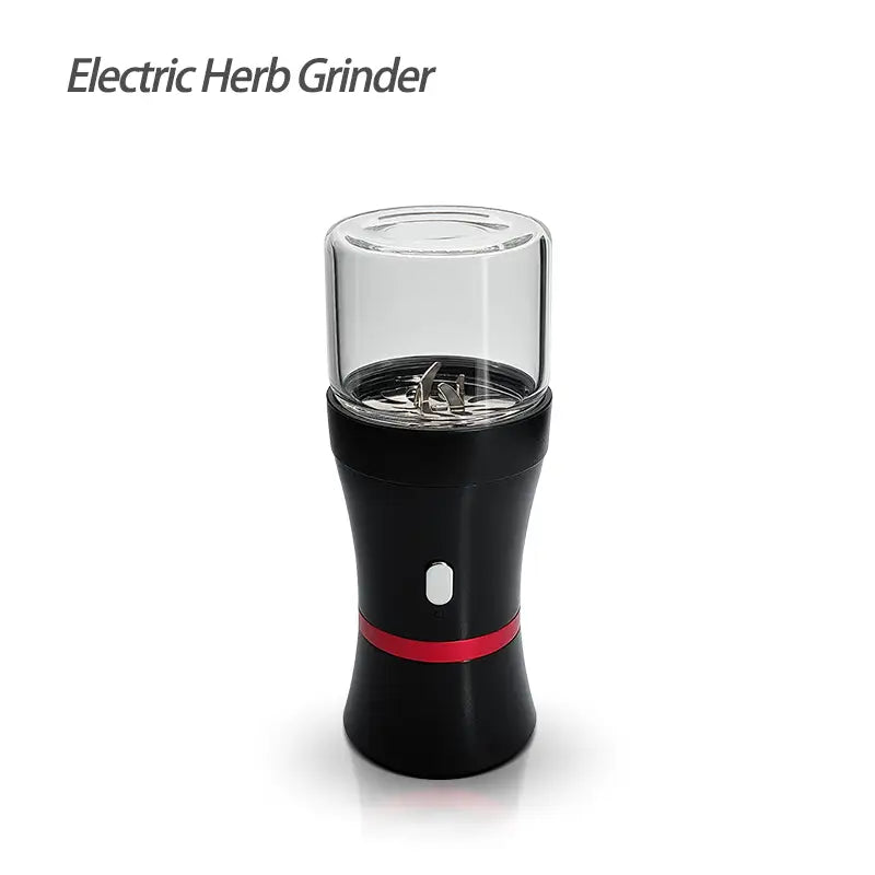 Waxmaid electric herb grinder kit with black body, clear glass top, red band