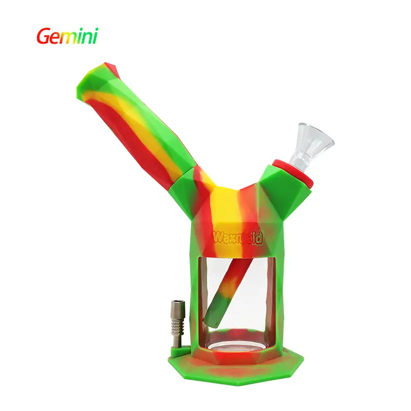 Colorful silicone water pipe with rasta stripes, Waxmaid Gemini 2-in-1 Nectar Collector