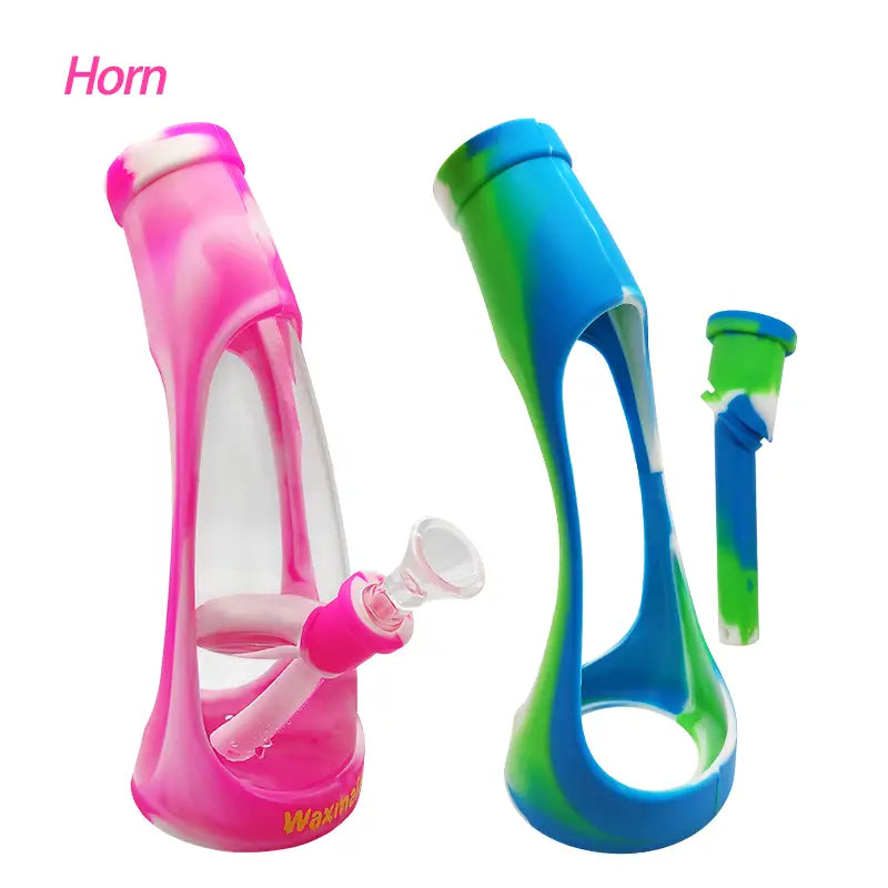Colorful Waxmaid Horn Water Pipe sleeve featuring pink and blue-green curved designs