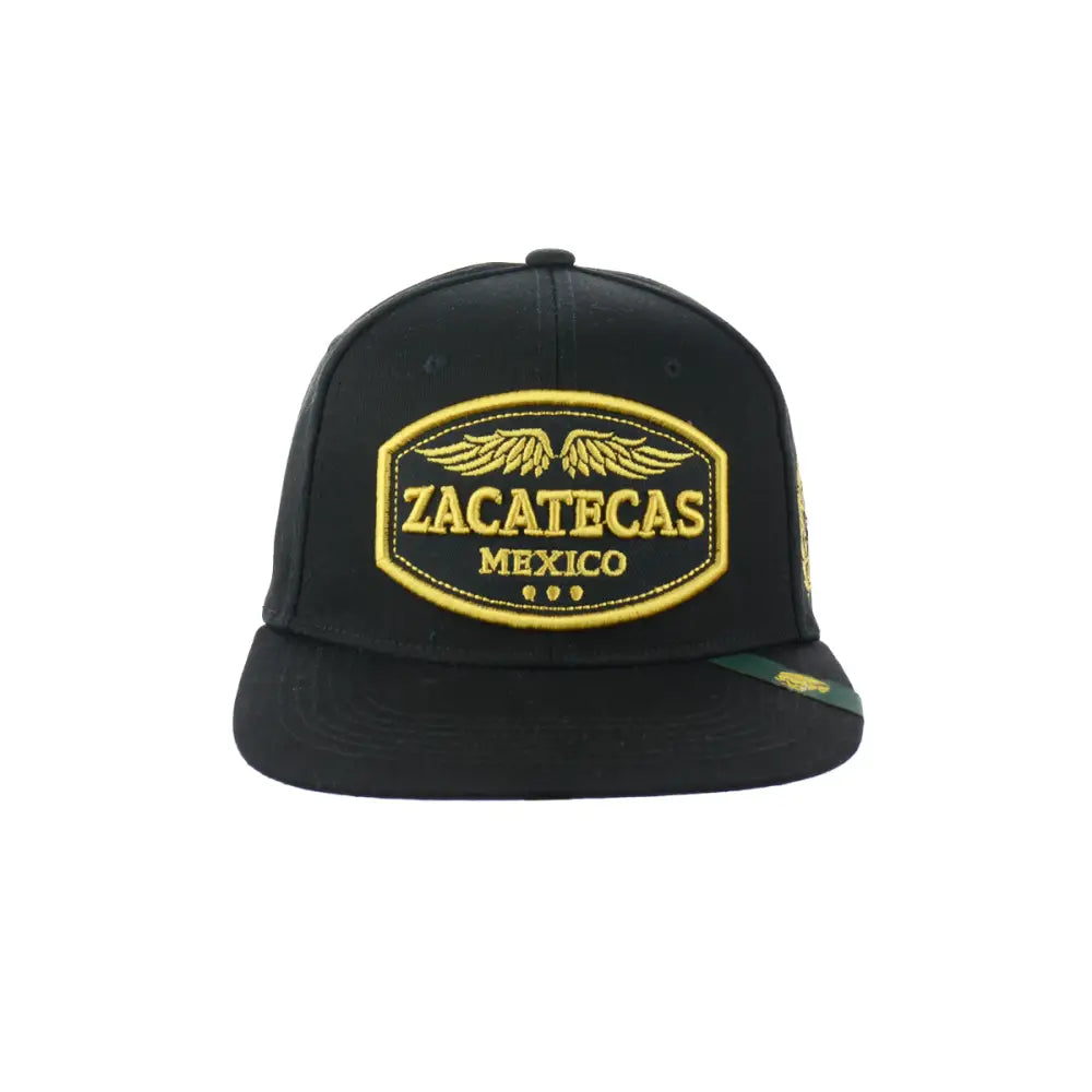 Black zacatecas embroidered snapback hat with Zacatecas Mexico emblem for stylish cultural wear