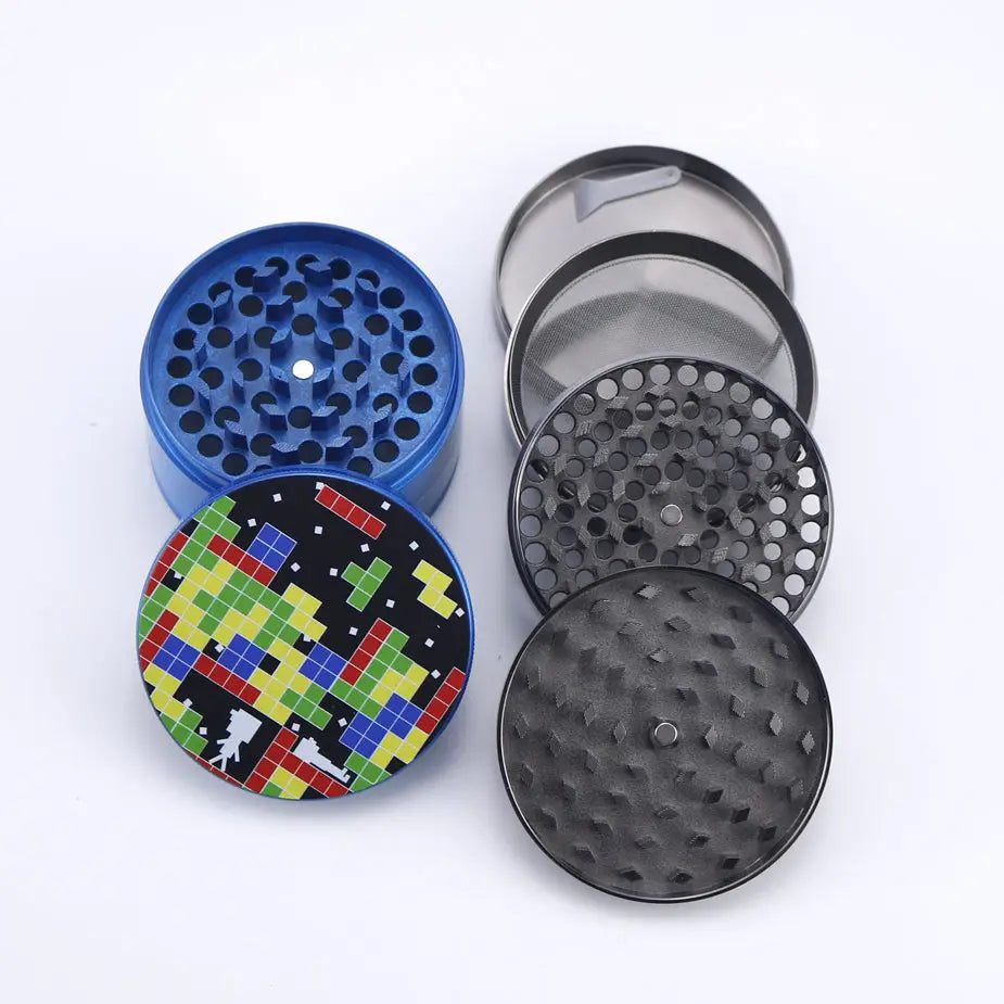 Zinc alloy 4-piece blue black herb grinder with Tetris pixel lid