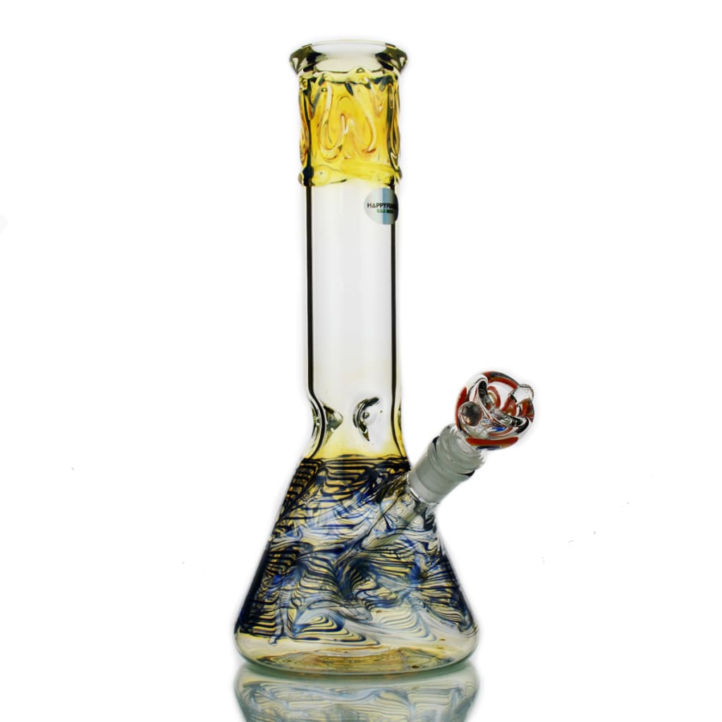 12 Inch Fume Glass American Made Beaker Bong with Yellow Top and Swirling Base