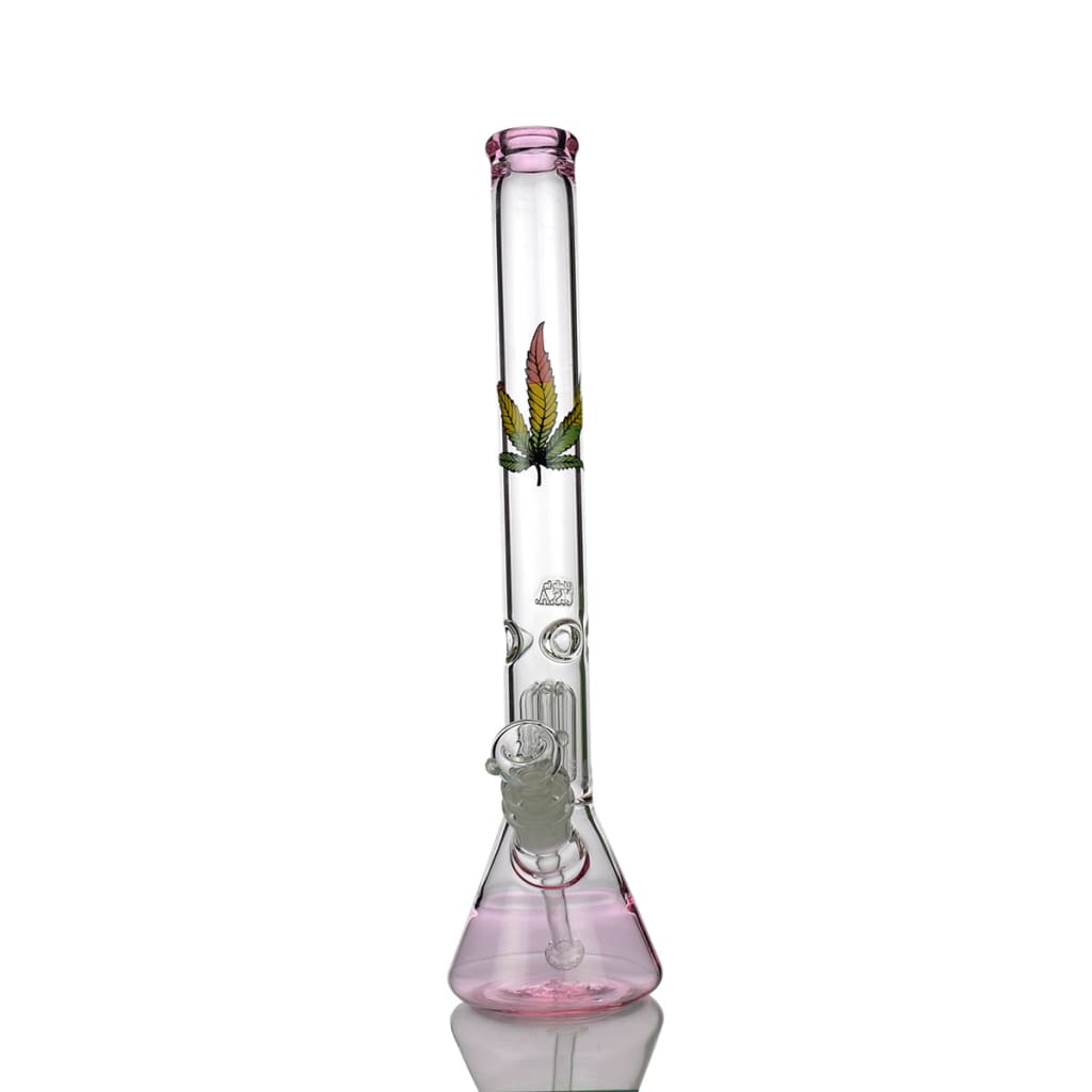 Glass beaker bong with colorful cannabis leaf design and 18mm bowl, made in USA