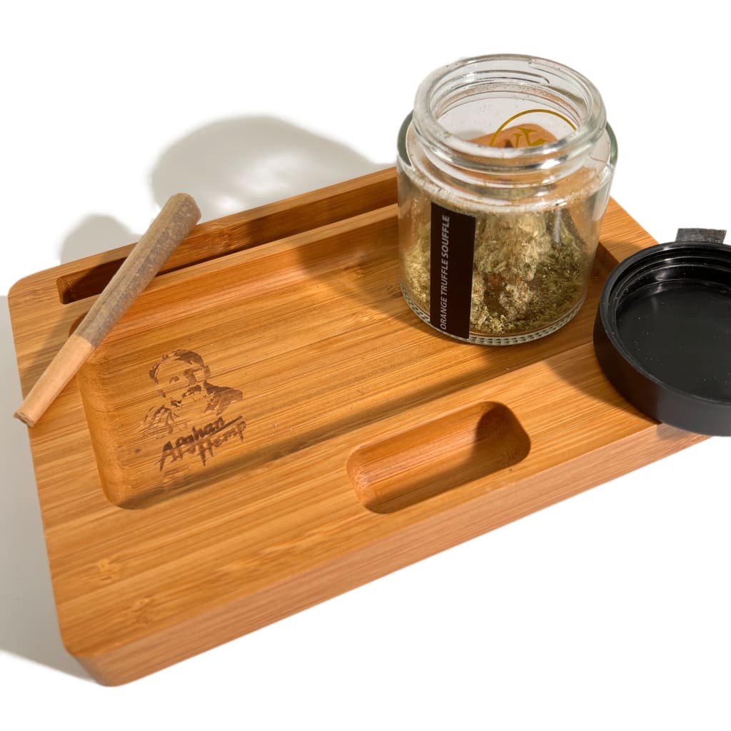 Afghan Hemp Wooden Rolling Tray with compartments and glass jar for cannabis storage