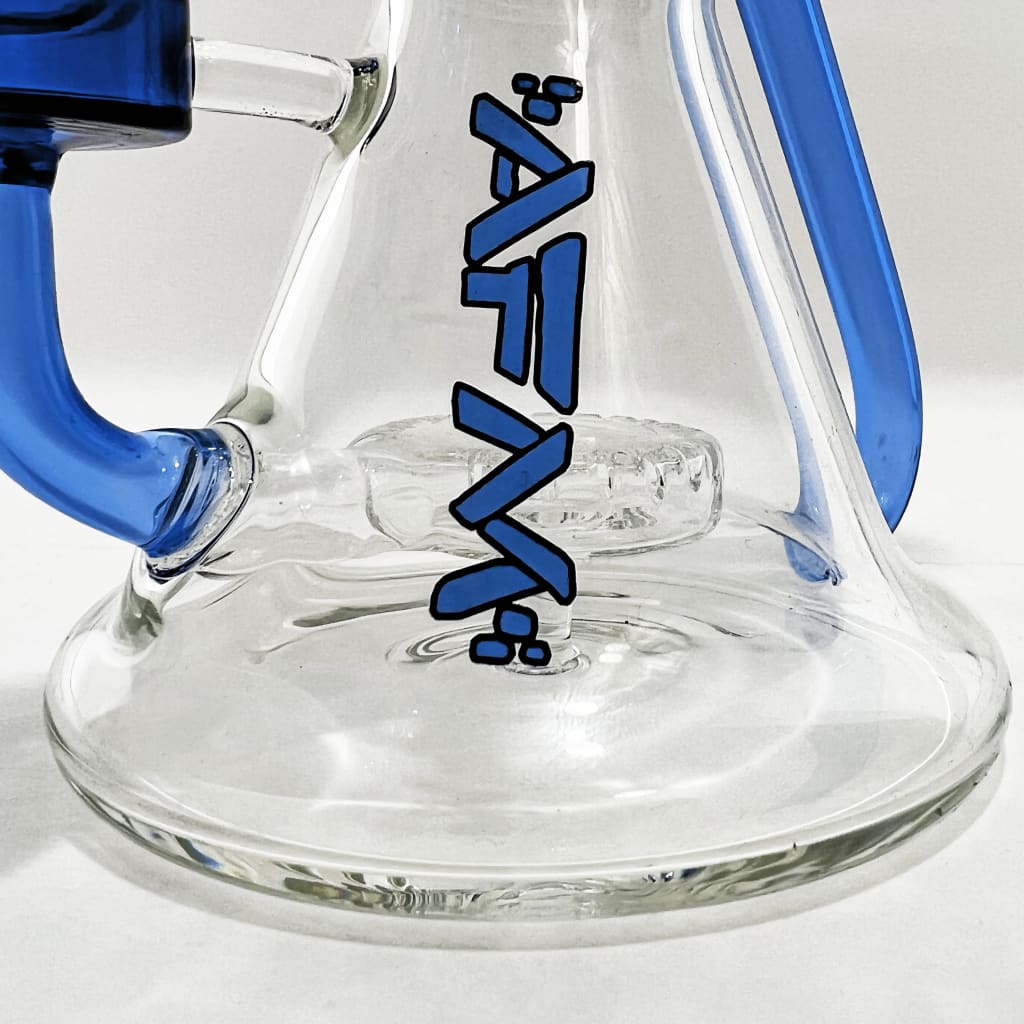 Afm Unicorn Recycler: Clear glass bong with blue jav logo for unique dry herb
