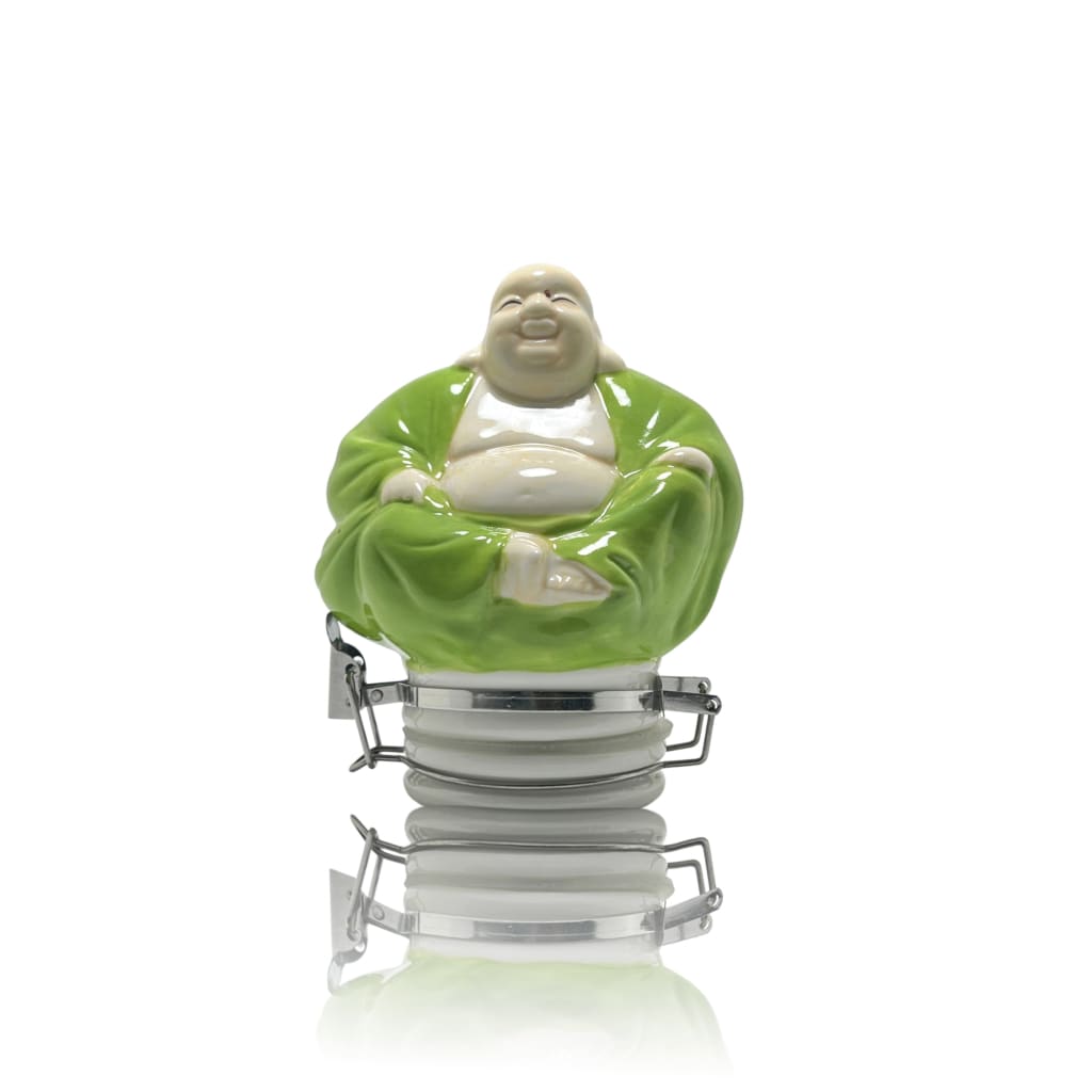 Smiling Buddha figurine atop ceramic storage jars for elegant home decor