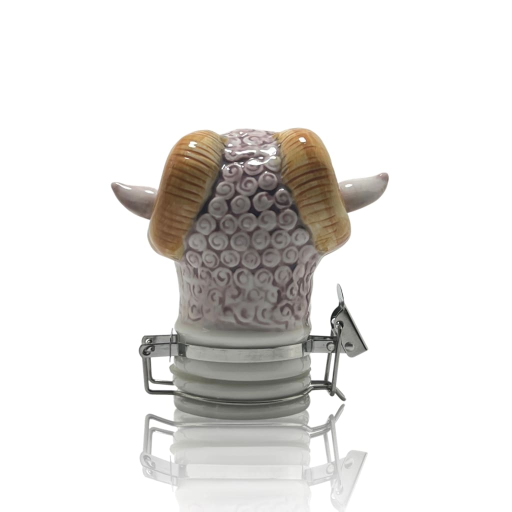 Ceramic sheep-shaped jar lid with horns and metal lock for elegant home decor storage jars
