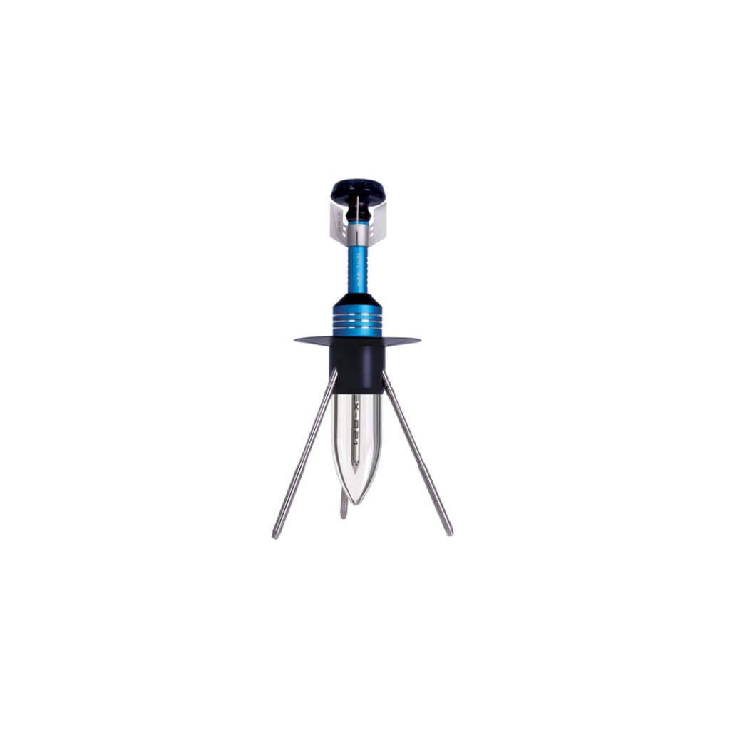 Caliber Hookah with stainless steel tubing, blue body, tripod legs, and matching metal handle