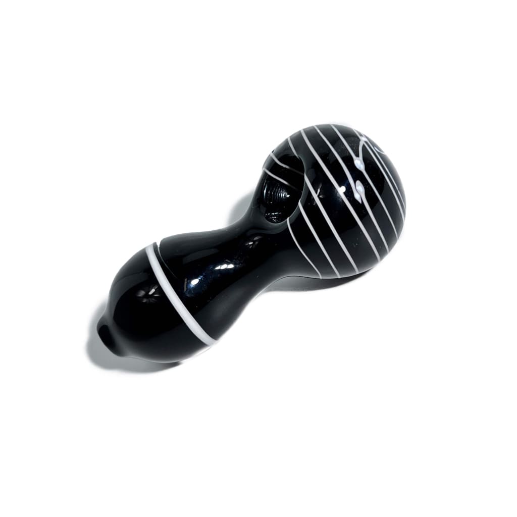 Glossy solid black glass spoon pipe with white striped bowl end detailing