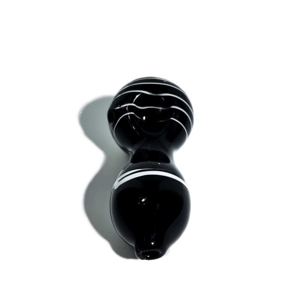 Glossy solid black spoon pipe with white stripes wrapped accents