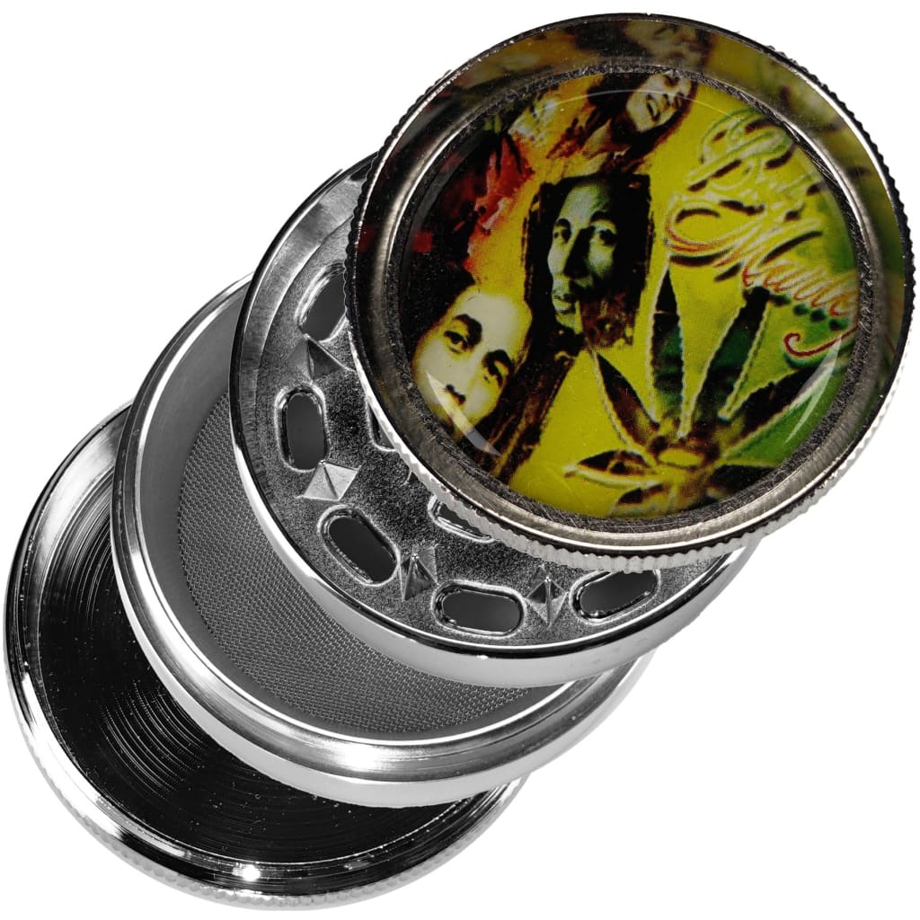 Bob Marley fine toothed metal grinder with pollen screen and colorful psychedelic lid
