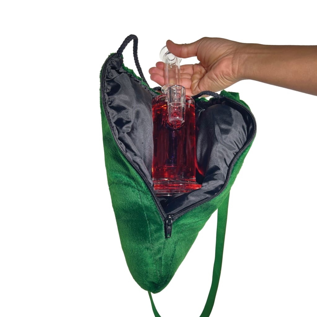 Innovative tubular green velvet bag with glass bottle for safe transport; bong travel fabric