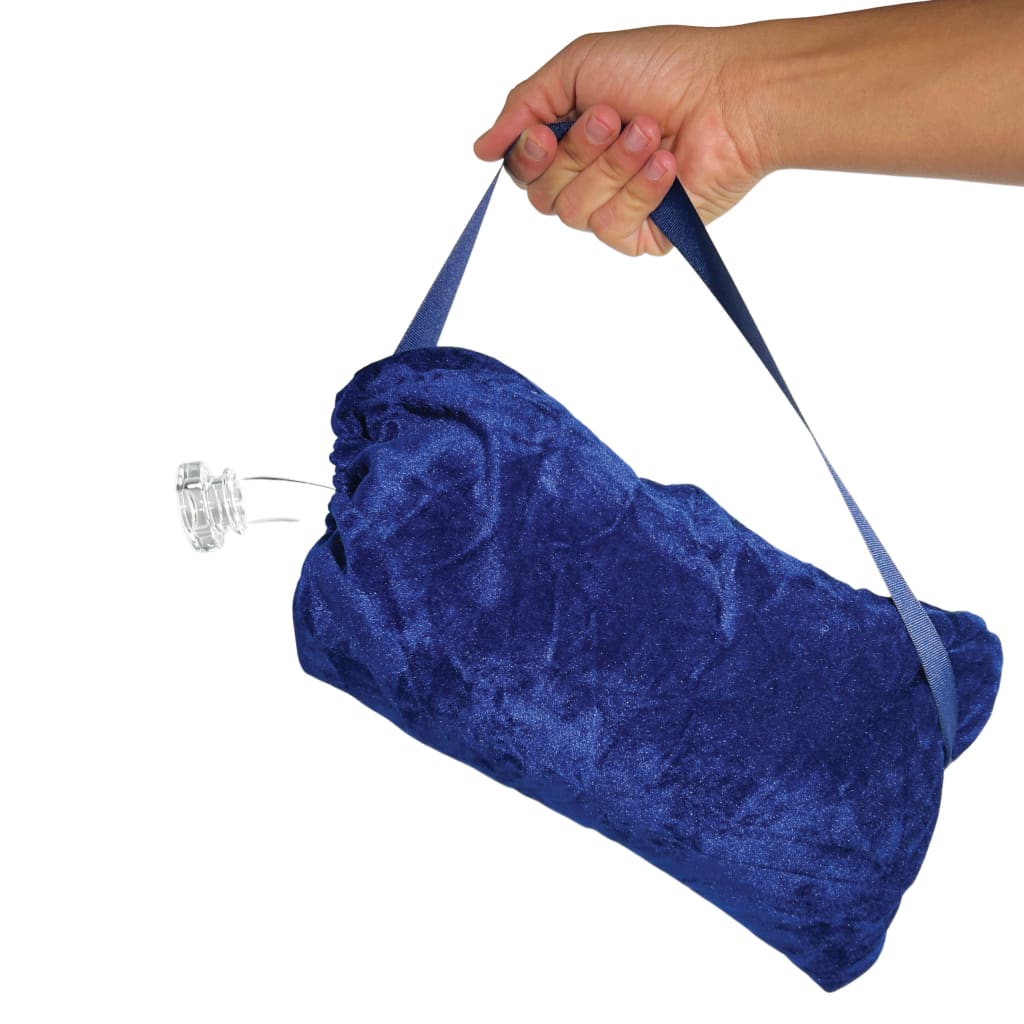 Blue velvet travel pillow with strap in Innovative Tubular Velvet Bag for safe glass transport