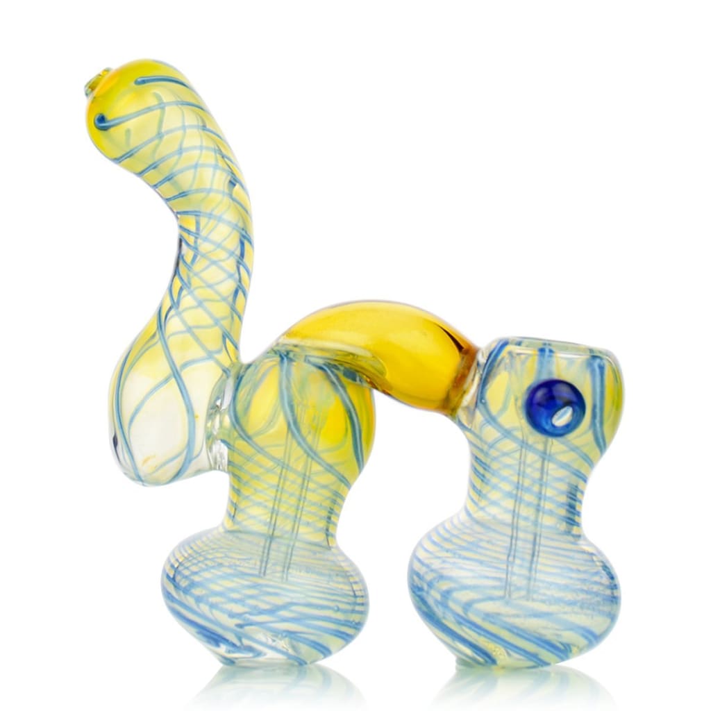 Double Chamber Glass Bubbler with yellow and blue twists, perfect for smooth smoke rolling