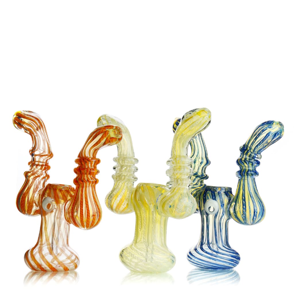 Colorful glass water pipes with curved necks and striped patterns - Couples Twisting Art Bubbler