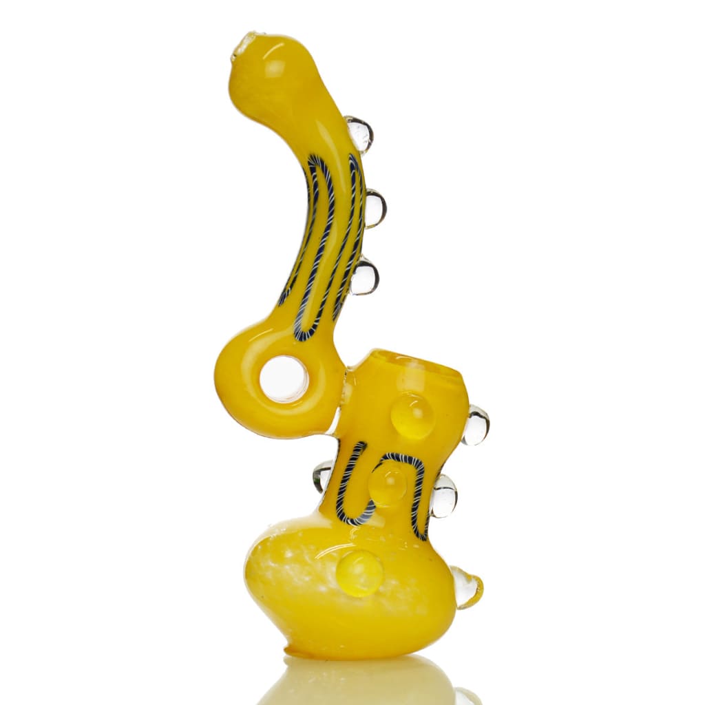 Yellow glass water pipe with black stripes, multiple attachments - Bubbler Frit Glass Donut Neck