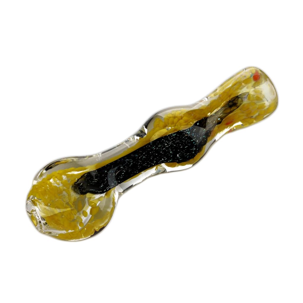 Bumble Bee Chillum: Black Hand Pipe with Yellow, Black, Fritted Glass Craft