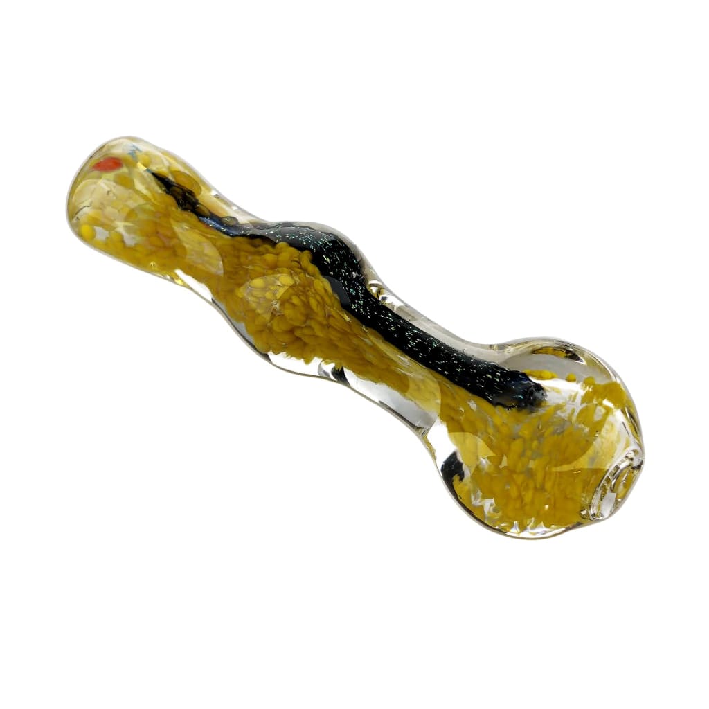 Bumble Bee Chillum: Black Hand Pipe with Yellow and Black Fritted Glass Swirl Design