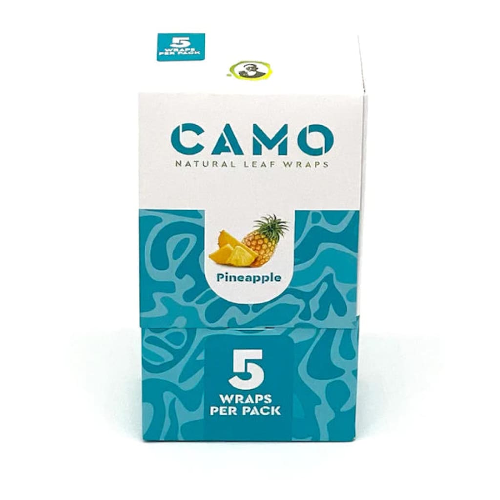 Box of Camo brand pineapple-flavored natural leaf wraps; chamomile & mate blunt wraps pack
