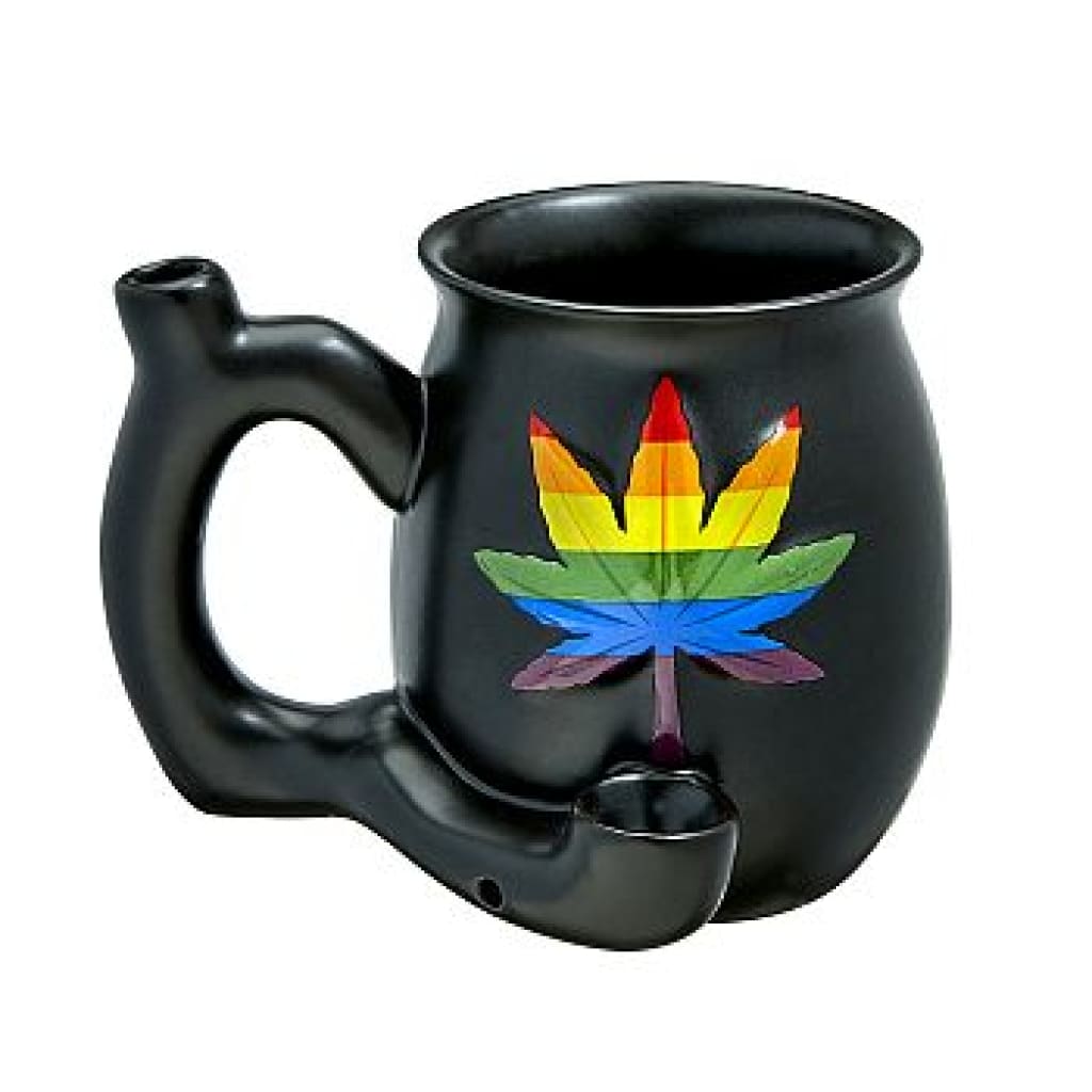 Matte black ceramic mug with rainbow marijuana leaf and pipe design, 11oz