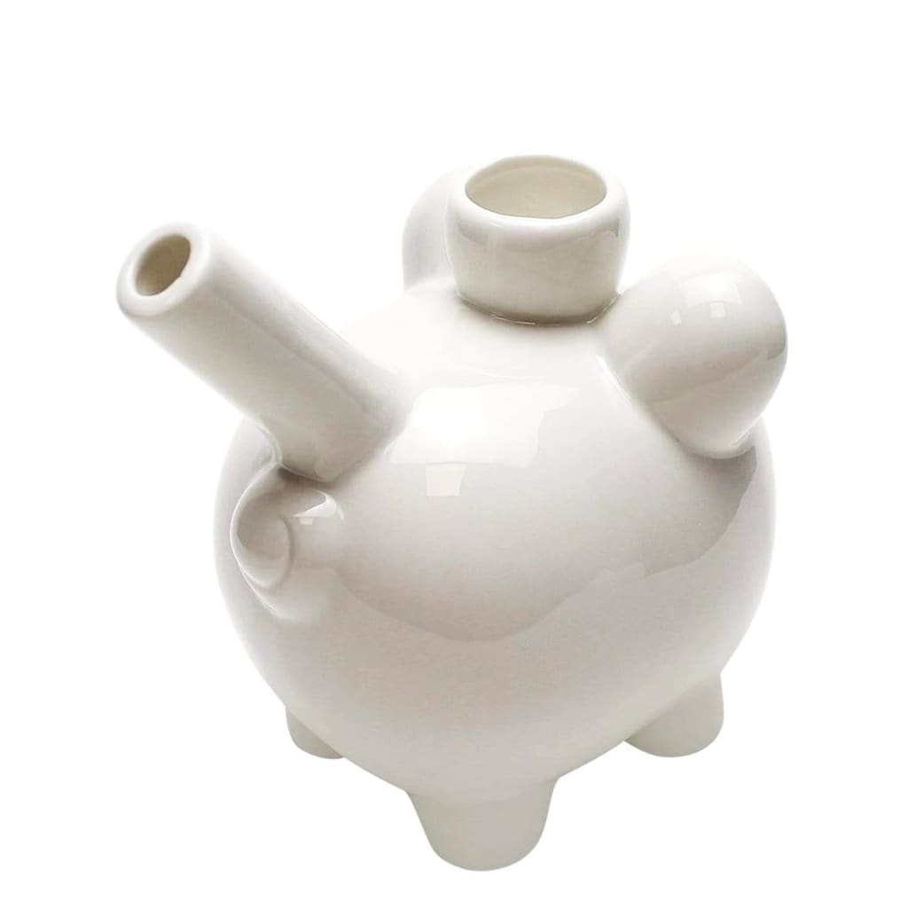 Ceramic white piggy hand pipe with spouts, fun pigs novelty gift