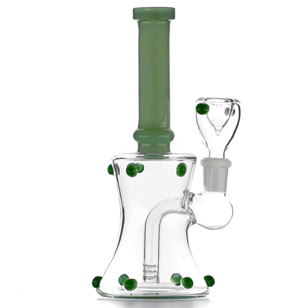 Beaded mini bong with glass beaded body and slide bowl, green accents, tall neck