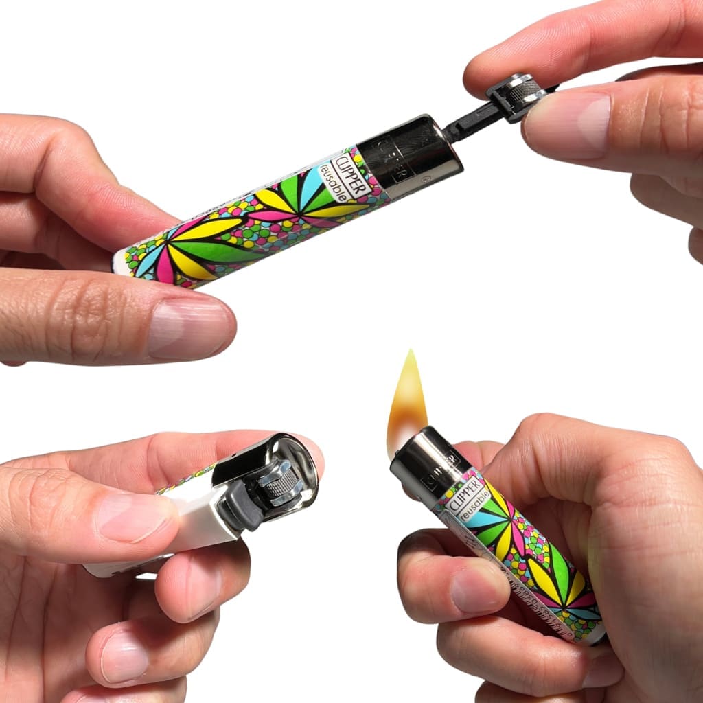 Three Clipper lighters in assorted designs with super strong nylon construction