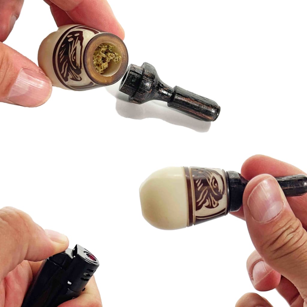 Wooden stamp with decorative design on its circular end for Colombian Tagua Seed Pipe