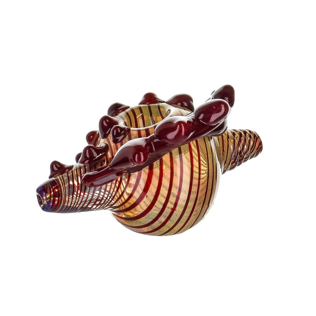 Maroon Conch Shell Pipe in Borosilicate Glass with red and gold swirls, a conversation starter