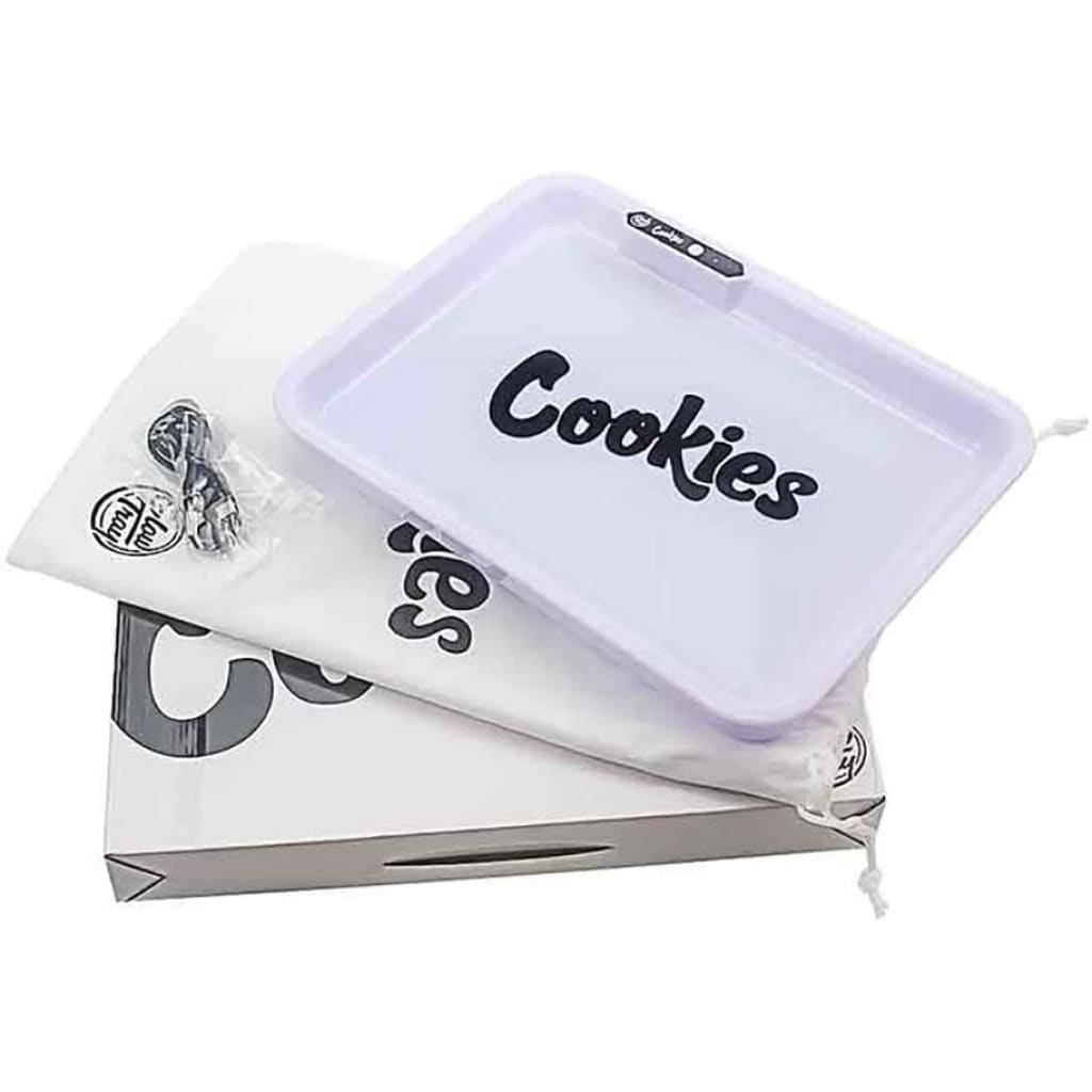 White acrylic single rolling tray with black Cookies logo, USB-C port, 6 colors quick charge