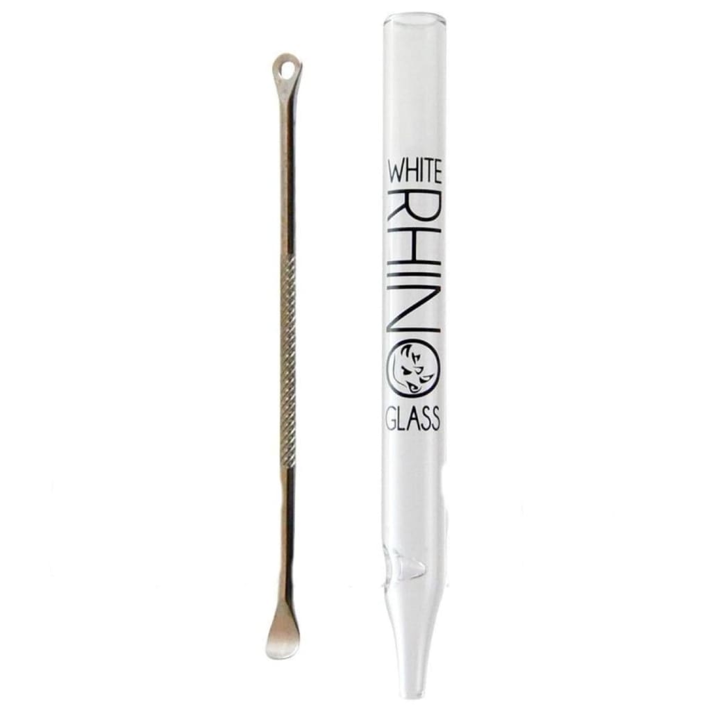 White glass snuff tube and metal scooping tool in Dabout Container with Glass Straw