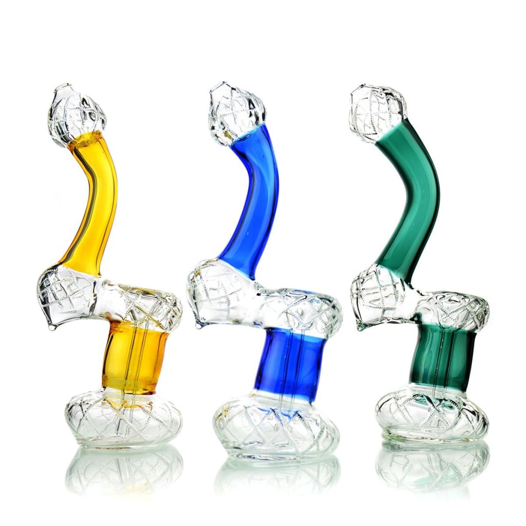Three colorful Diamond Glass bubblers with downward sloping neck and carb hole