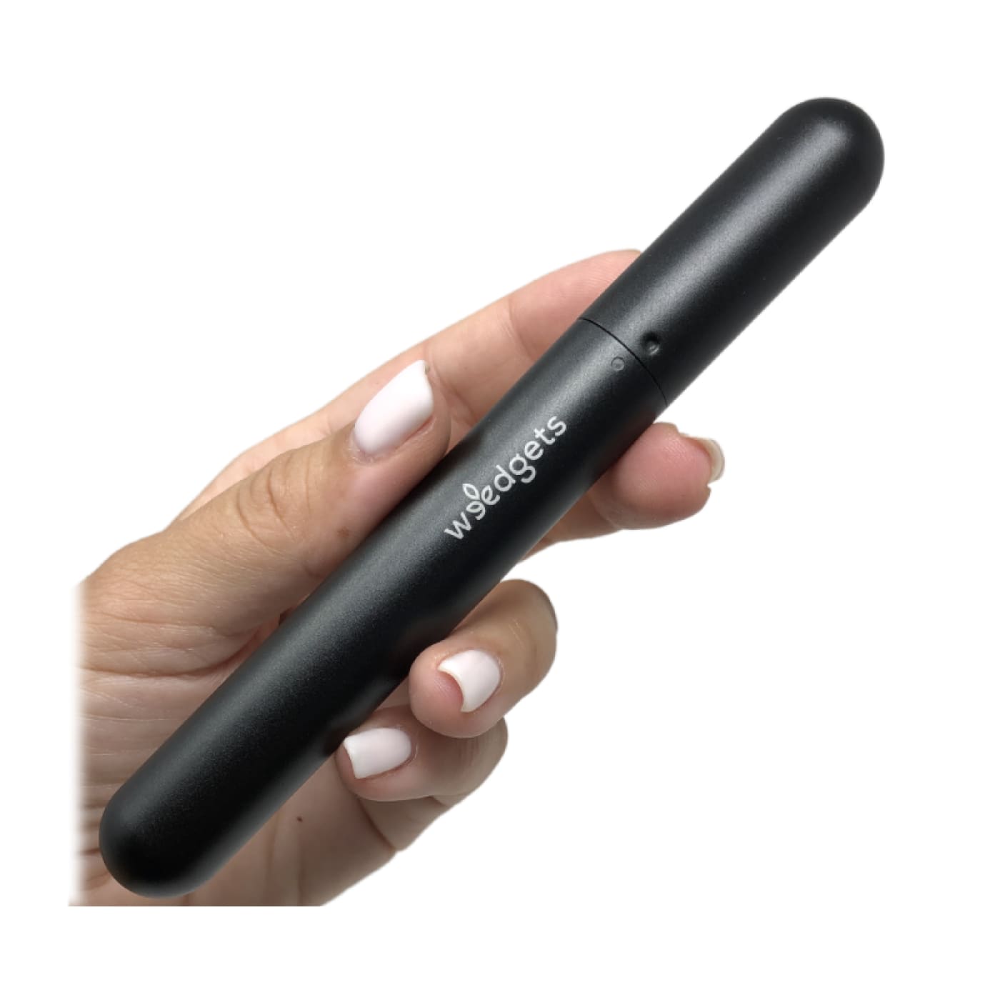 Black aluminum doob tube weed pipe held in hand with white-painted nails