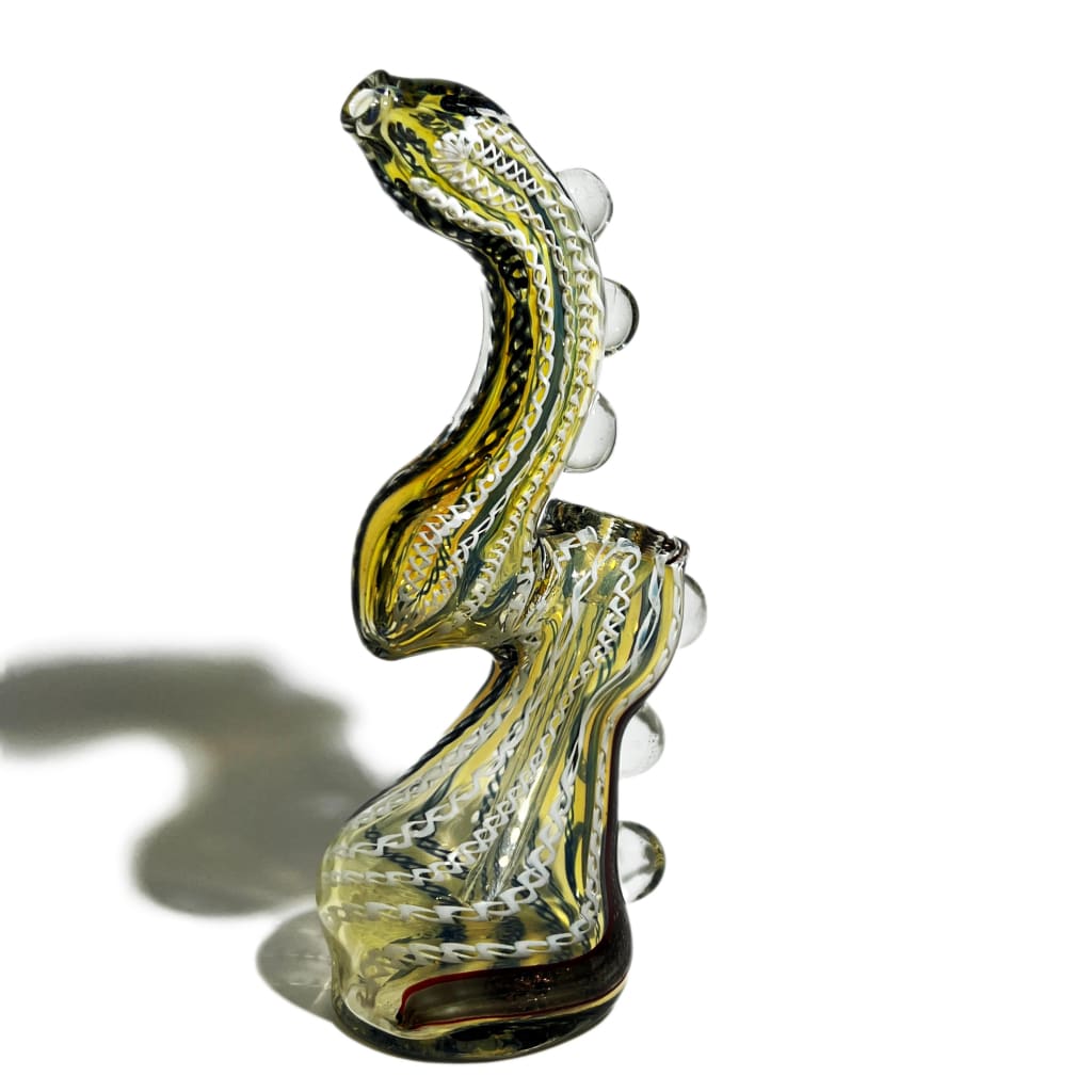 Amber glass bubbler resembling a snake with yellow and black patterns, 6 inches