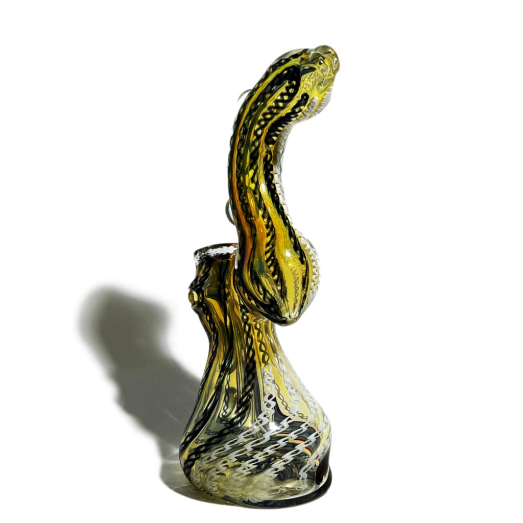 Amber glass bubbler pipe with swirled yellow and black pattern, 6-inch dragon bubbler design