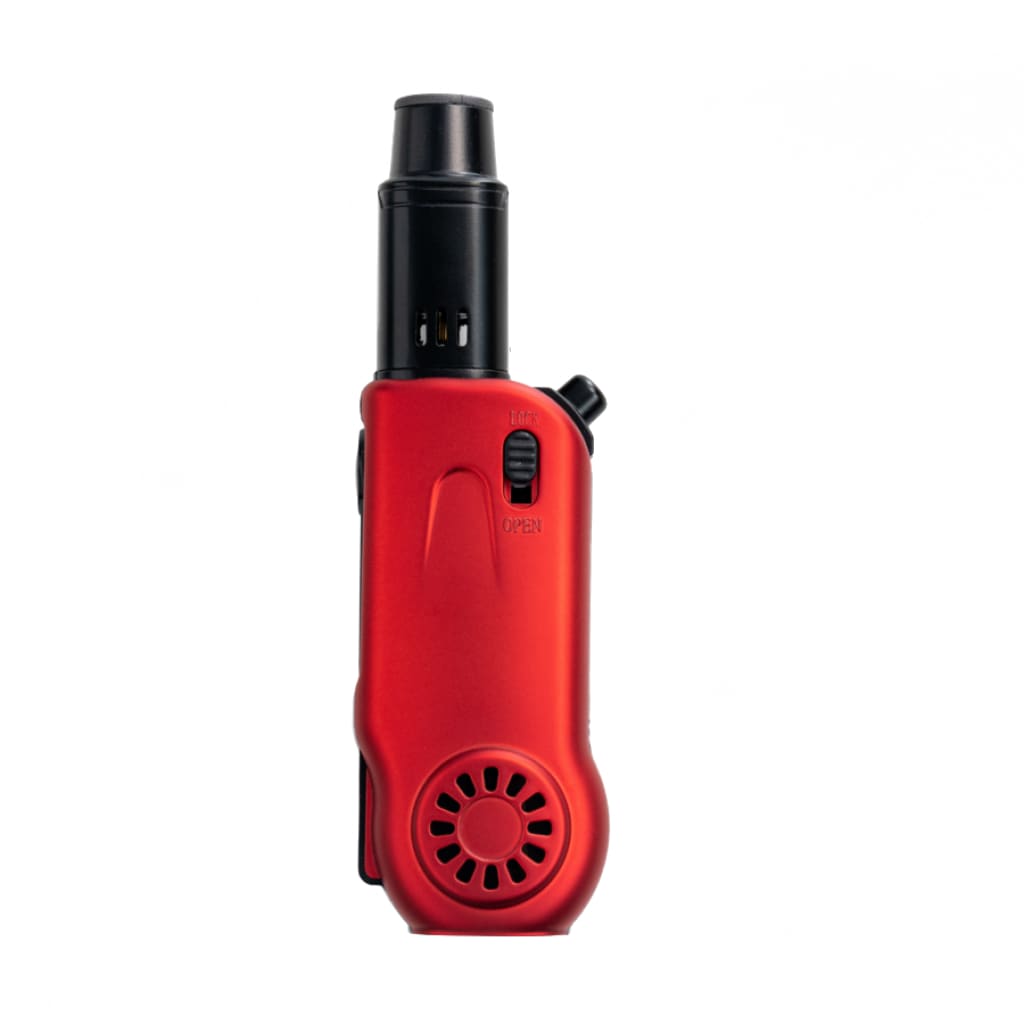 Red handheld butane torch with black nozzle, circular vent, award-winning Eternity Laser