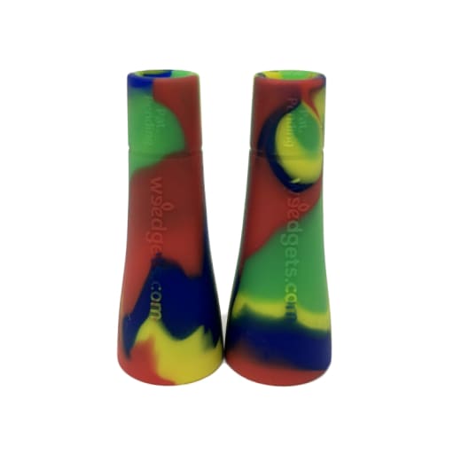 Pair of colorful silicone roach clips and filter adapters for weed pipes with swirled patterns