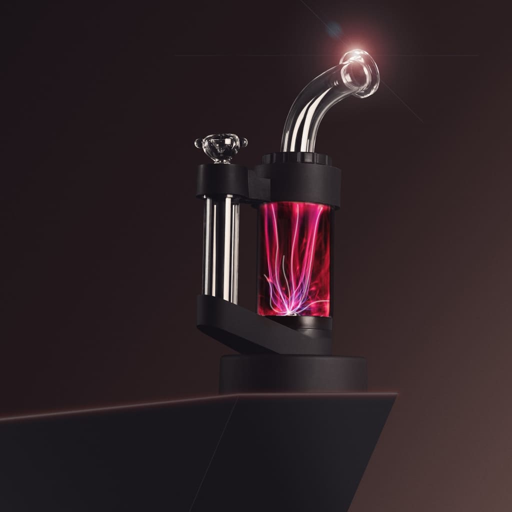 Futuristic flux plasma waterpipe with glowing pink chamber and interchangeable mouthpiece