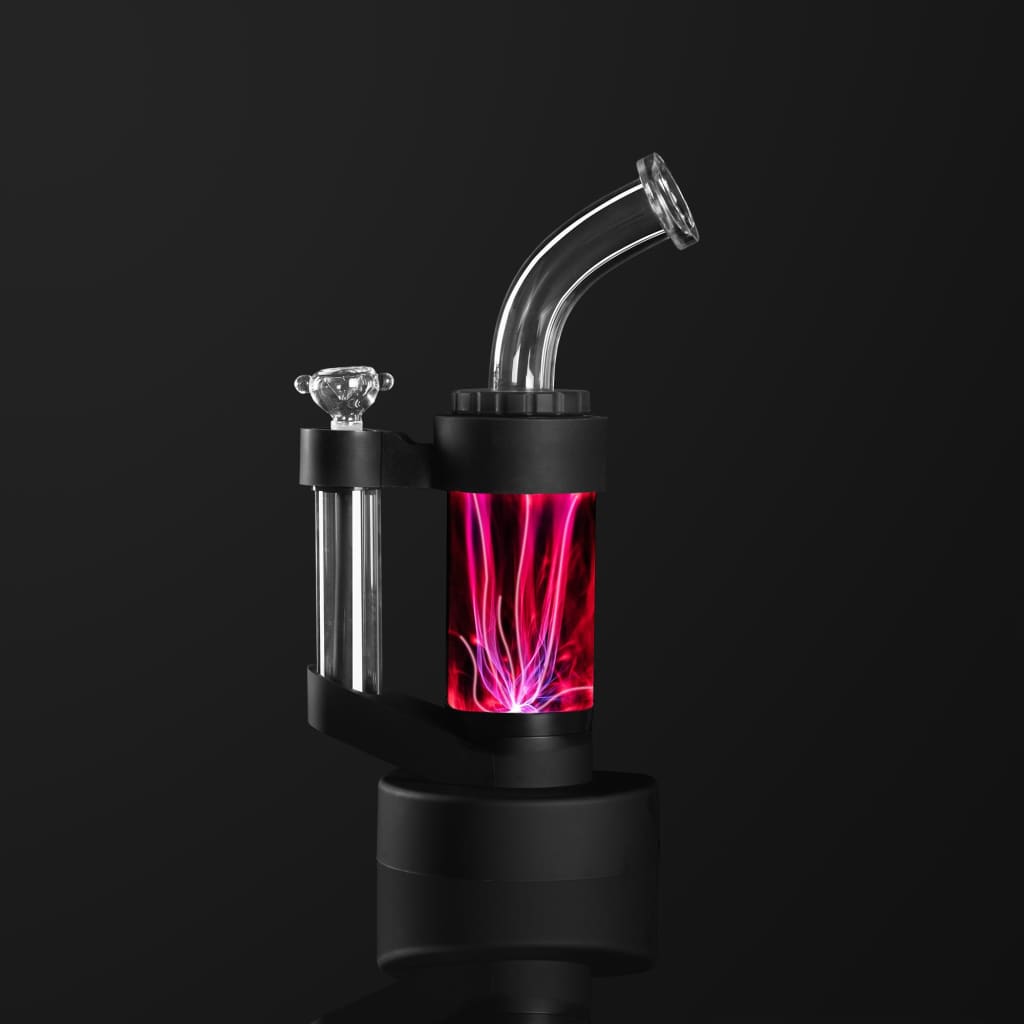 Flux Plasma Water Pipe: Sleek vaporizer with glowing pink and purple chamber for smooth hits