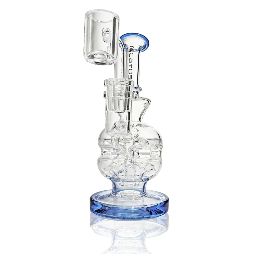 Glass Ball Recycler with intricate chambers and blue accents, made of 10mm borosilicate glass