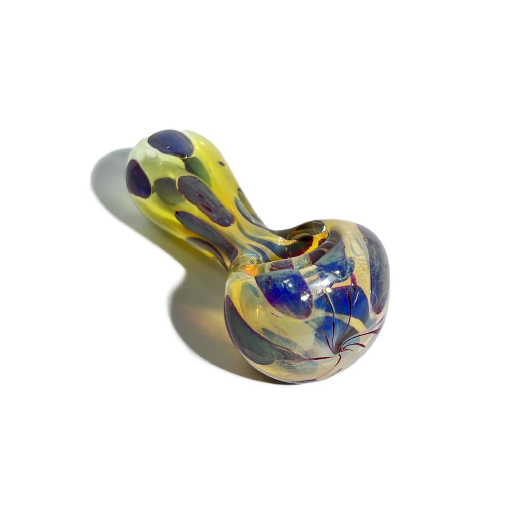 Vibrant yellow and blue mini glass hand pipe, 2.5 inch with swirls
