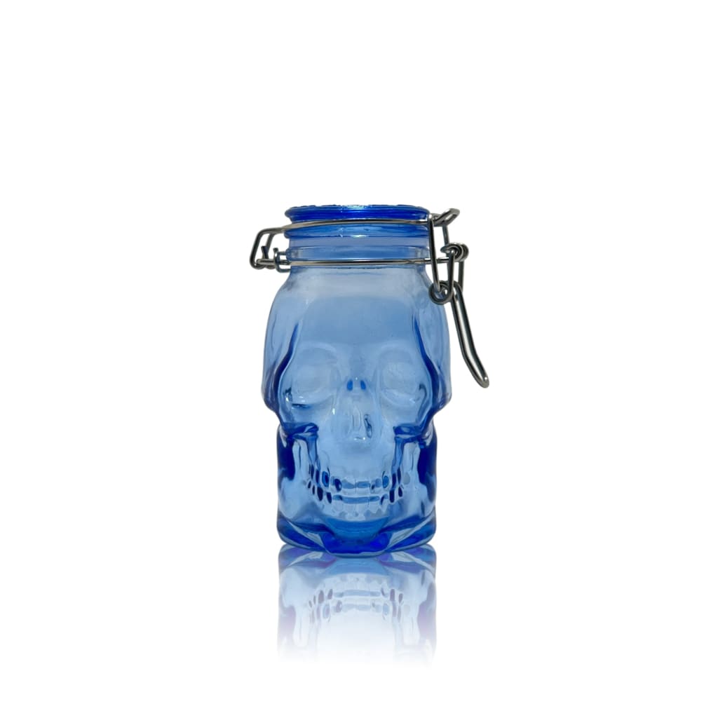 Blue glass jar shaped like a human skull, 50ml Tribal Print Mason Jar, functional art