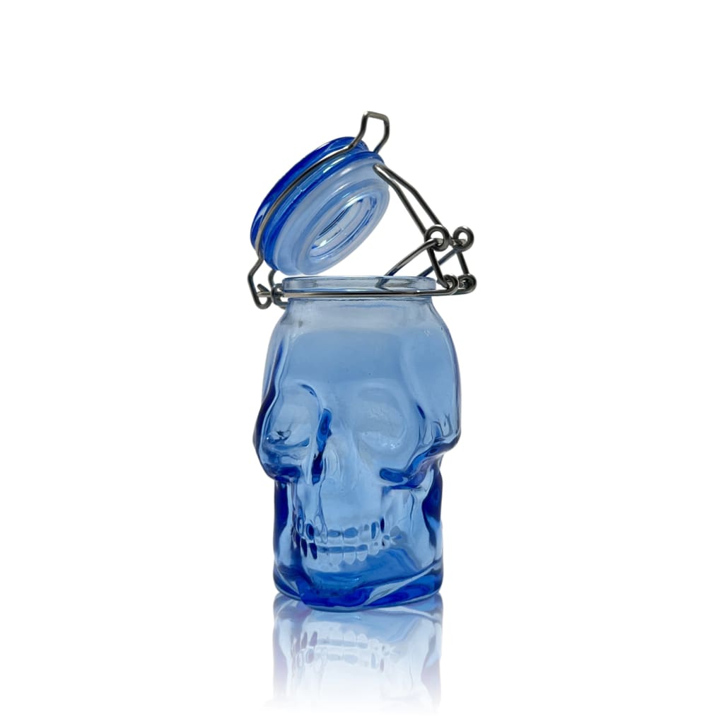 Blue glass skull-shaped 50ml jar with hinged lid, Tribal Print Mason Jar - functional art